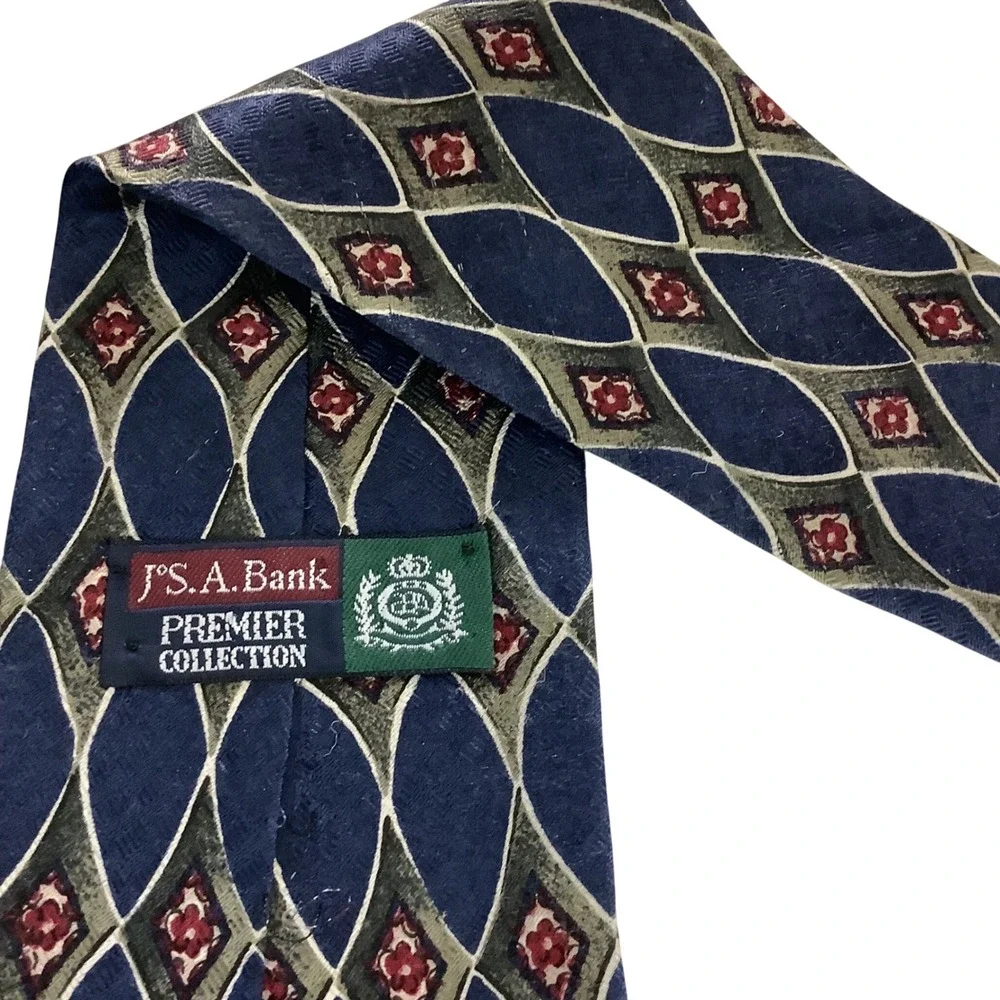 Jos. A. Bank Premier Collection Silk Tie Navy Blue Geometric Diamond Pattern